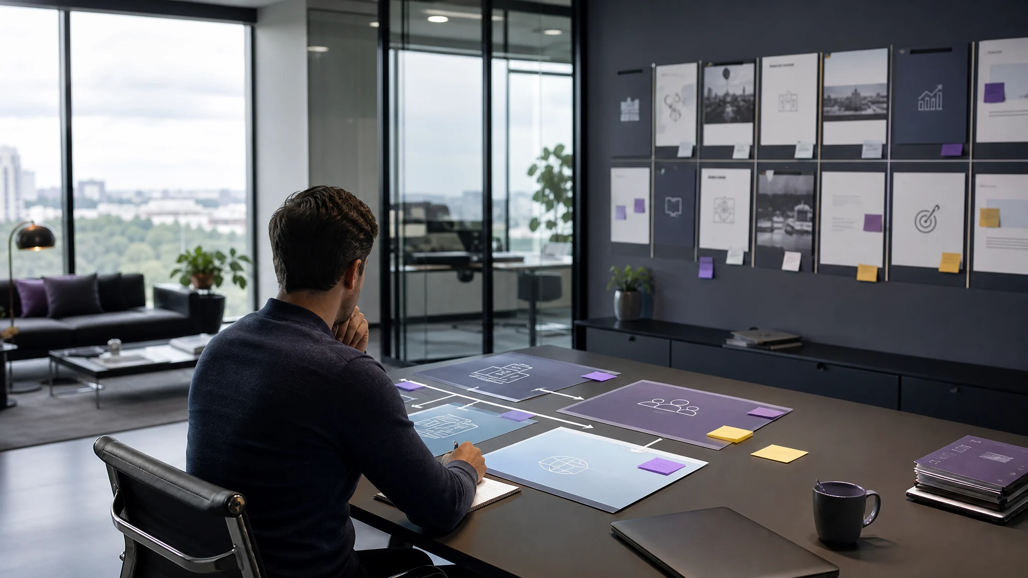 Founder reviewing four acquisition strategy paths on a conference table with deal documents and planning notes
