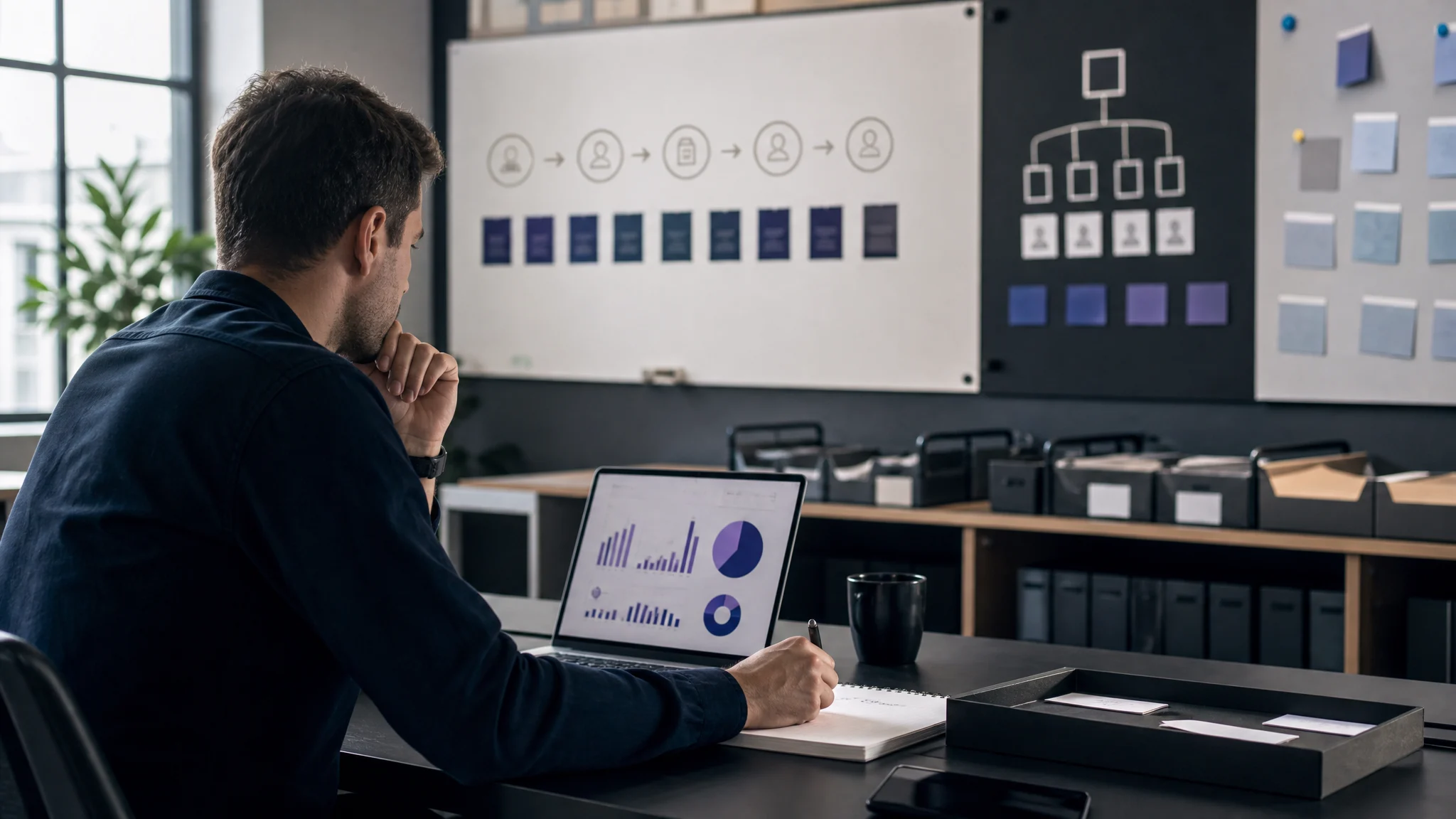 Founder reviewing SaaS growth milestones and exit readiness signals on a clean workspace dashboard