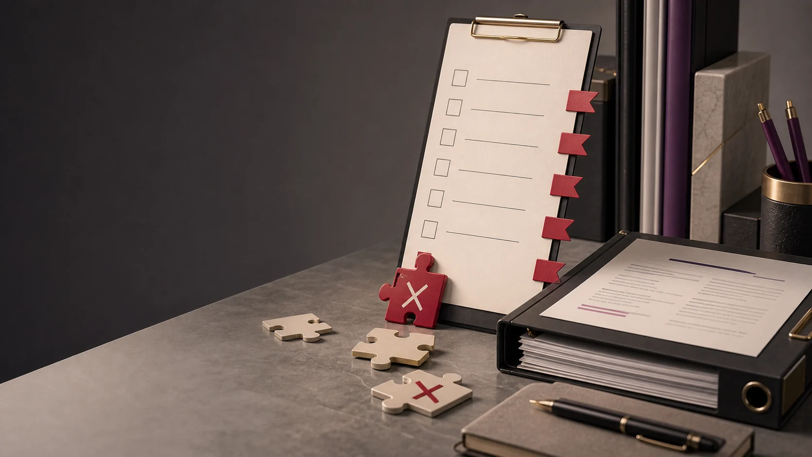 Checklist with red flag tabs and misfit pieces for business buying mistakes